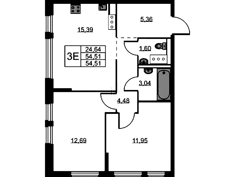 2-комнатная квартира 54.51 м², 11/11 эт., ЖК «Новое Колпино»